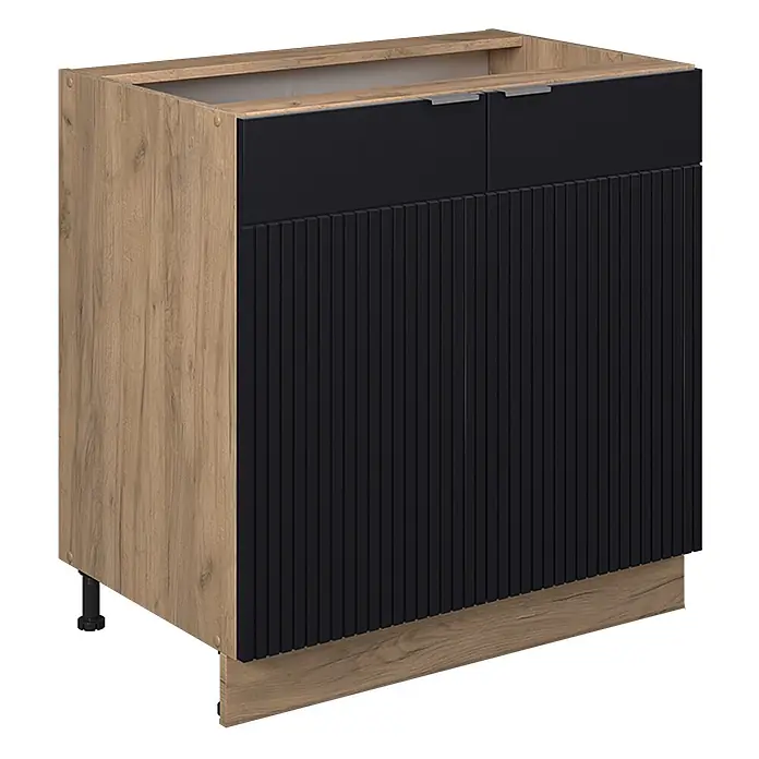 Vicco Schrankküche Fame-Line Schwarz gestreift mit Regal, ohne Arbeitsplatte - Schwarz gestreift, Unterschrank 80 cm - Eicheneffekt-Unterschrank mit schwarzen geriffelten Türen und silbernen Griffen.