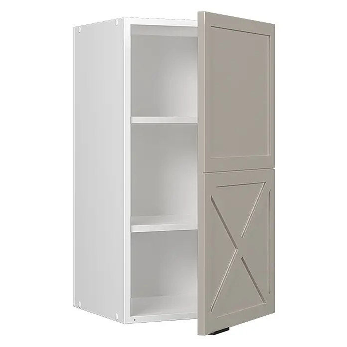 Vicco Schrankküche Fame-Line GrauBeige - GrauBeige, Hängeschrank 40 cm - Weißer Küchenoberschrank mit teilweise offener hellgrauer Tür, die zwei Regalböden zeigt. Die Tür hat dekorative Paneele.
