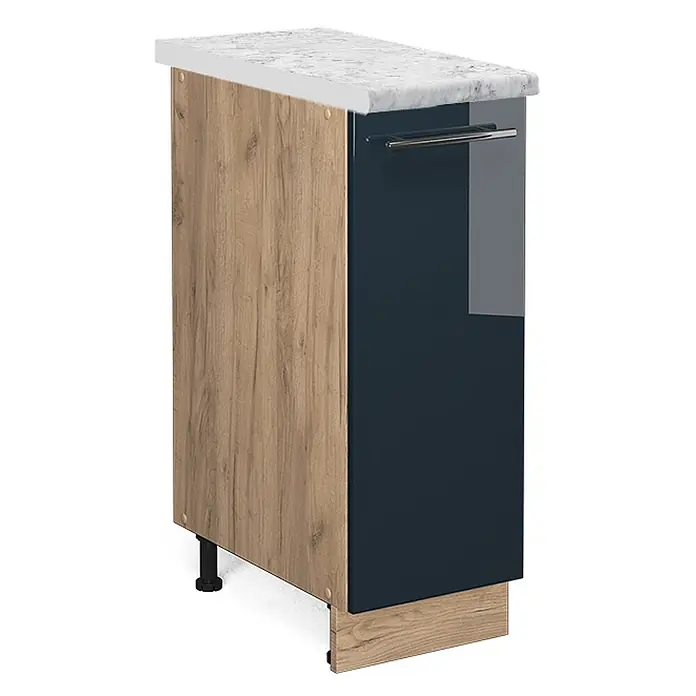 Vicco Schrankküche Fame-Line Dunkelblau Hochglanz, AP Marmor - Dunkelblau Hochglanz, Apothekerunterschrank 30 cm - Schmaler Küchenunterschrank mit heller Holzseite, dunkelblauer Glanztür, silbernem Griff und weißer Marmor-Arbeitsplatte.