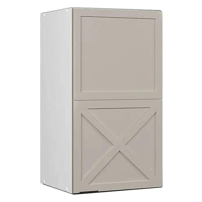 Vicco Schrankküche Fame-Line GrauBeige - GrauBeige, Hängeschrank 40 cm - Hellgrauer zweitüriger Schrank mit einer glatten oberen Tür und einer unteren Tür mit X-förmiger Paneelverkleidung.