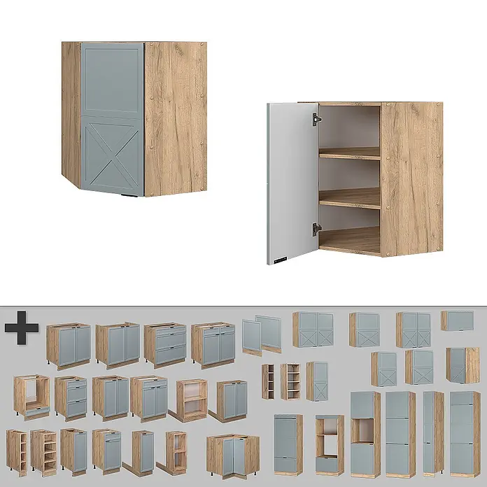Vicco Schrankküche Fame-Line Hellblau-grau - Hellblau-grau, Eckhängeschrank 57 cm - Modulare Küchenschränke mit hellem Holzdekor und grauen Türen, in verschiedenen Unter-, Ober- und Eckvarianten dargestellt.