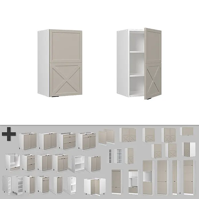 Vicco Schrankküche Fame-Line GrauBeige - GrauBeige, Hängeschrank 40 cm - Taupefarbene Landhaus-Küchenschränke. Ansicht zeigt Hochschränke mit Rahmen- und Kreuzstreben-Türen, Unter- und Oberschränke.