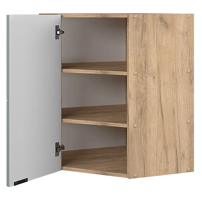 Vicco Schrankküche Fame-Line Hellblau-grau - Hellblau-grau, Eckhängeschrank 57 cm - Hängeschrank in heller Holzoptik mit offener hellgrauer Tür und drei Regalböden.