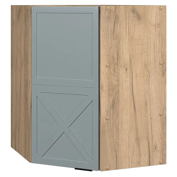 Vicco Schrankküche Fame-Line Hellblau-grau - Hellblau-grau, Eckhängeschrank 57 cm - Eckschrank mit hellem Holzdekor und grauer zweiteiliger Tür. Die untere Türplatte hat ein dekoratives X-Muster.