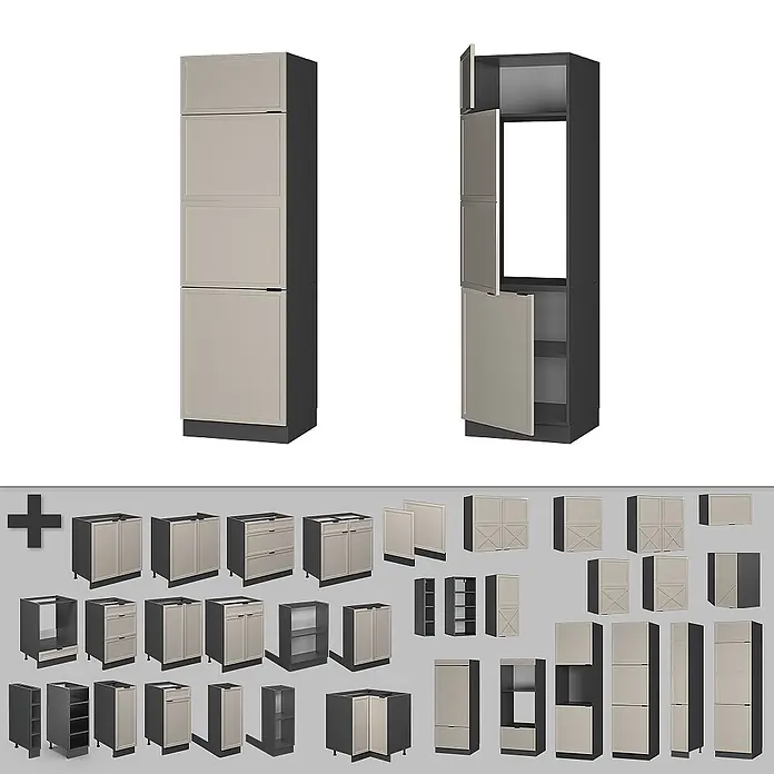 Vicco Schrankküche Fame-Line GrauBeige - GrauBeige, Kühlumbauschrank 60 cm - Modulares Küchenschranksystem mit hellbeigen Türen und dunkelgrauem Korpus, inklusive verschiedener Unter-, Ober- und Hochschränke.