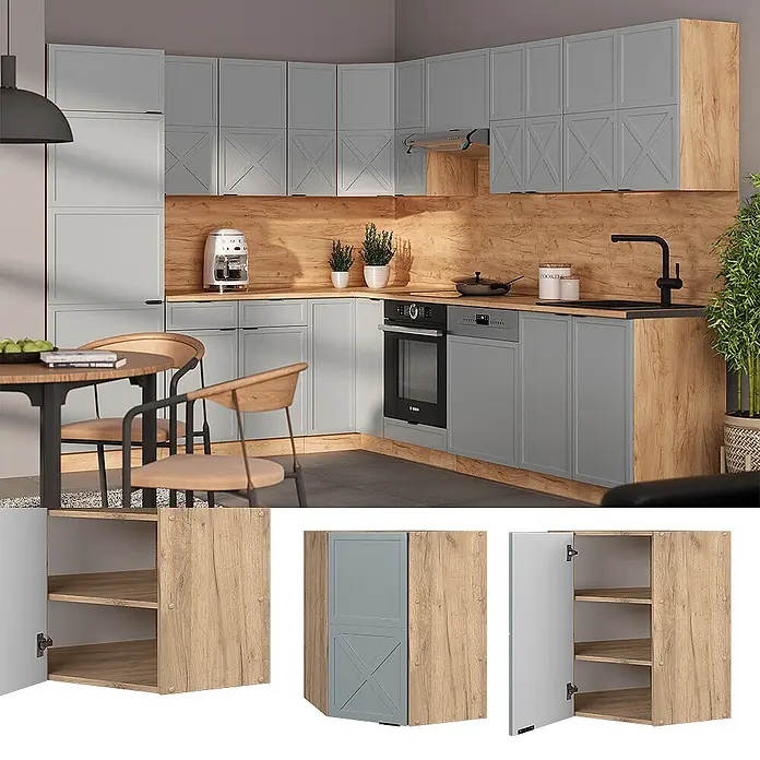 Vicco Schrankküche Fame-Line Hellblau-grau - Hellblau-grau, Eckhängeschrank 57 cm - Modulküche mit hellgrauen Schränken und Holzoptik-Paneelen und Arbeitsplatten.