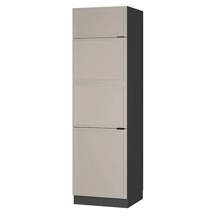 Vicco Schrankküche Fame-Line GrauBeige - GrauBeige, Kühlumbauschrank 60 cm - Hoher beigefarbener Schrank mit vier Rahmentüren und dunkelgrauem Korpus.