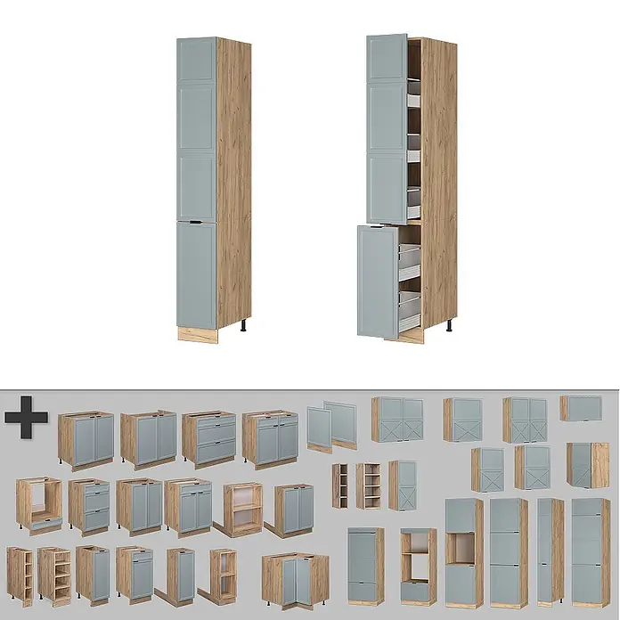 Vicco Schrankküche Fame-Line Hellblau-grau - Hellblau-grau, Apothekerhochschrank 30 cm - Sortiment von Küchenschränken mit hellblauen Türen und hellen Holz-Effekt-Rahmen, darunter Hochschränke, Unterschränke und Hängeschränke.
