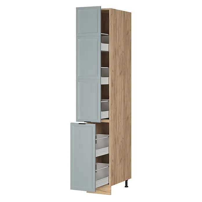 Vicco Schrankküche Fame-Line Hellblau-grau - Hellblau-grau, Apothekerhochschrank 30 cm - Hoher Speisekammer- oder Küchenschrank in Hellgrau und Eichenoptik, offene Türen zeigen Auszüge.