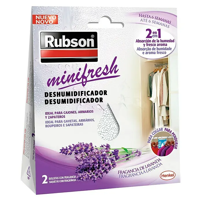 Rubson Deshumidificador Minifresh - 100 g, Lavanda - Pack de deshumidificador Rubson minifresh con aroma a lavanda, ideal para armarios y cajones, dura hasta 6 semanas.