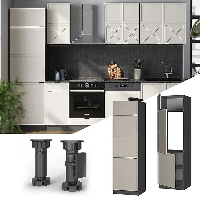 Vicco Schrankküche Fame-Line GrauBeige - GrauBeige, Kühlumbauschrank 60 cm - Modulares Küchensystem mit hellbeigen Schränken, integrierten Geräten, verstellbaren schwarzen Möbelfüßen und einem hohen Vorratsschrank.