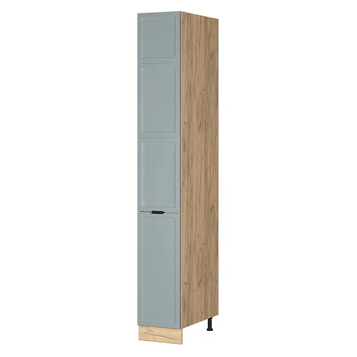 Vicco Schrankküche Fame-Line Hellblau-grau - Hellblau-grau, Apothekerhochschrank 30 cm - Hoher Schrank mit hellblau-grauen Kassettentüren und heller Holzmaserung Seitenwand. Mit schwarzem Griff.