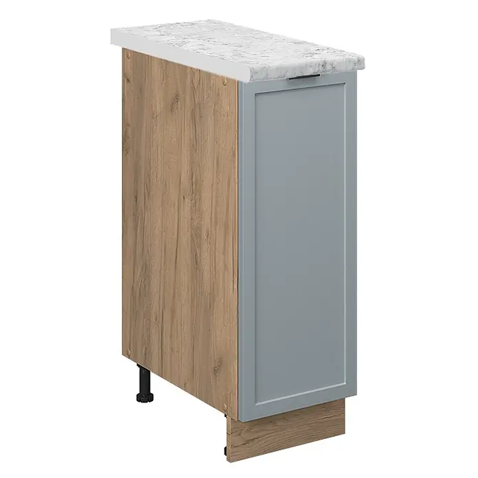 Vicco Schrankküche Fame-Line Hellblau-grau, AP Marmor - Hellblau-grau, Apothekerunterschrank 30 cm - Grauer Küchenunterschrank mit Holzoptik-Seitenwand, weißer Marmor-Arbeitsplatte und passendem Sockel.