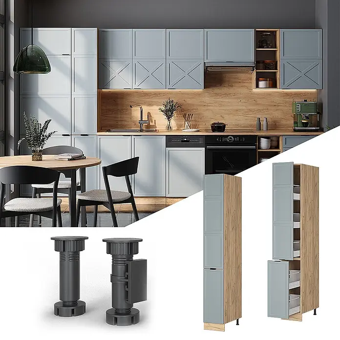 Vicco Schrankküche Fame-Line Hellblau-grau - Hellblau-grau, Apothekerhochschrank 30 cm - Moderne Küche mit hellblauen Schränken & Holzelementen, zeigt hohe Vorratsschränke & verstellbare Möbelfüße.