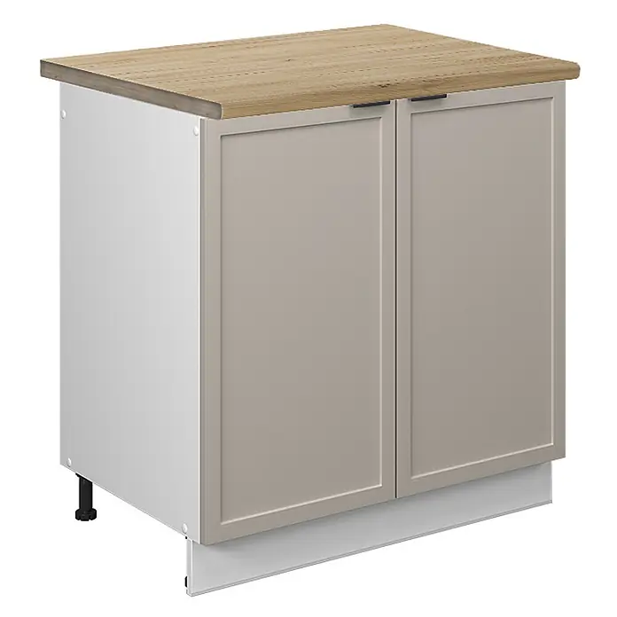 Vicco Schrankküche Fame-Line GrauBeige, AP Eiche - GrauBeige, Spülenunterschrank 80 cm, AP Eiche - Beigefarbener Unterschrank mit Rahmentüren, Holzplatte, hellgrauem Korpus und schwarzen Griffen.