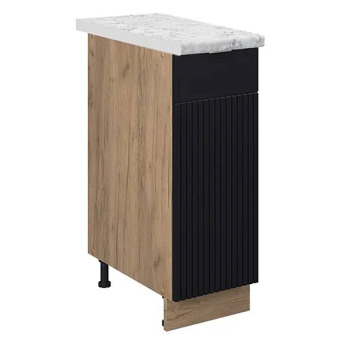 Vicco Schrankküche Fame-Line Schwarz gestreift, AP Marmor - Schwarz gestreift, Apothekerunterschrank 30 cm, AP Marmor - Unterschrank in Holzoptik mit schwarzer geriffelter Frontplatte, schwarzer Schublade und weißer Marmor-Arbeitsplatte.