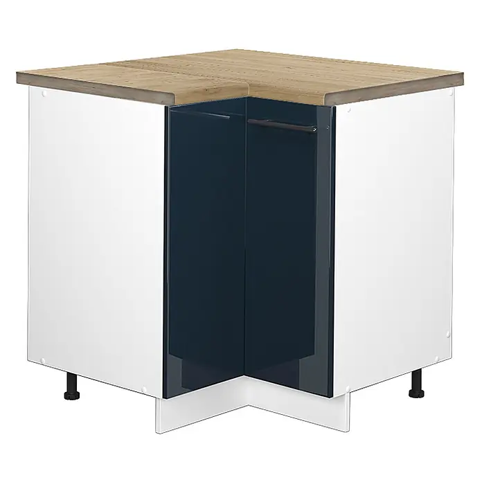 Vicco Schrankküche Fame-Line Dunkelblau Hochglanz, AP Eiche - Dunkelblau Hochglanz, Eckunterschrank - Eckunterschrank für Küche mit heller Holzplatte, weißen Seiten und dunkelblauen Türen mit silbernen Griffen.