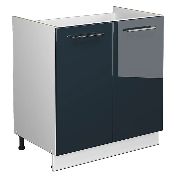 Vicco Schrankküche Fame-Line Dunkelblau Hochglanz ohne Arbeitsplatte - Breite: 80 cm, Dunkelblau Hochglanz, Spülenunterschrank 80 cm - Zweitüriger Unterschrank mit glänzenden dunkelblauen Türen, hellgrauen Seiten, Metallgriffen und weißem Sockel.