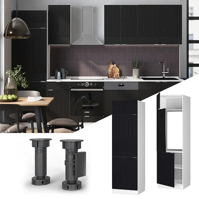 Vicco Schrankküche Fame-Line Schwarz gestreift - Schwarz gestreift, Kühlumbauschrank 60 cm - Schwarze gerippte Schrankfronten in einer modernen Küche mit Geräten, dazu ein Hochschrank und verstellbare Füße.