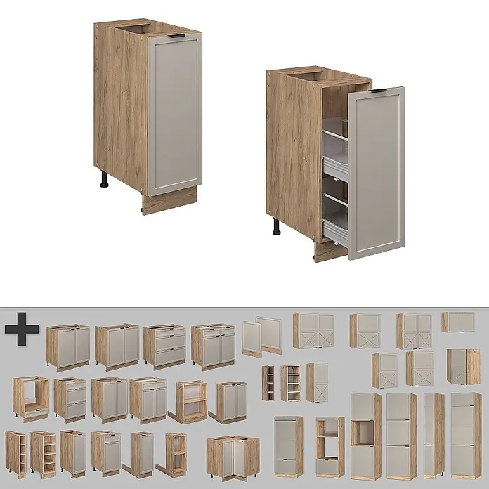 Vicco Schrankküche Fame-Line GrauBeige, AP Eiche - GrauBeige, Apothekerunterschrank 30 cm, AP Eiche - Modulare Küchenschränke mit hellem Holzdekor und hellgrauen Türen, inklusive Auszügen.