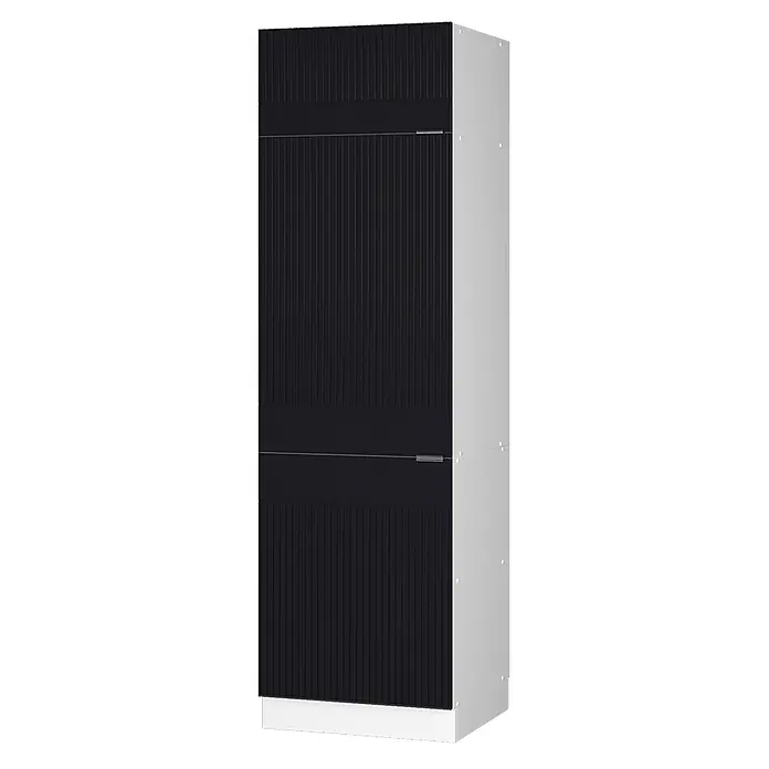 Vicco Schrankküche Fame-Line Schwarz gestreift - Schwarz gestreift, Kühlumbauschrank 60 cm - Hoher schwarzer Schrank mit gerippten Frontplatten, einem glatten Mittelband und Metallgriff. Hellgraue Seiten und Sockel.