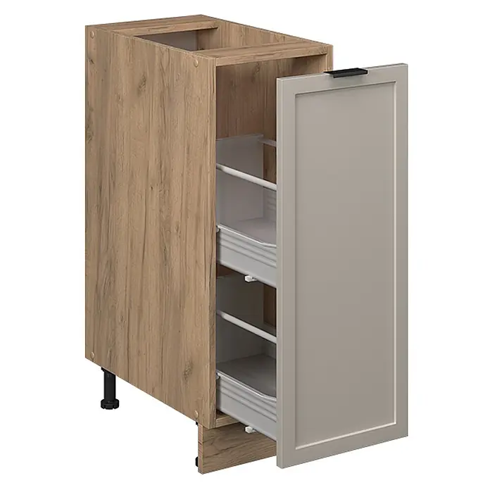 Vicco Schrankküche Fame-Line GrauBeige, AP Eiche - GrauBeige, Apothekerunterschrank 30 cm, AP Eiche - Unterschrank in heller Holzoptik mit schwarzen Füßen, hellgrauer Auszugstür und zwei weißen Innenkörben.