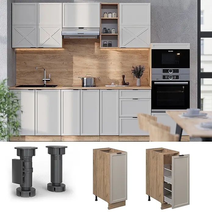 Vicco Schrankküche Fame-Line GrauBeige, AP Eiche - GrauBeige, Apothekerunterschrank 30 cm, AP Eiche - Moderne weiße Küchenschränke mit Holzoptik-Arbeitsplatten, integrierten Geräten und intelligentem Auszugstauraum.