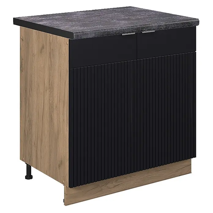 Vicco Schrankküche Fame-Line Schwarz gestreift, AP Anthrazit - Schwarz gestreift, Spülenunterschrank 80 cm, AP Anthrazit - Küchenunterschrank mit dunkler Arbeitsplatte, heller Holzseite und schwarzer geriffelter Front mit zwei Schubladen.