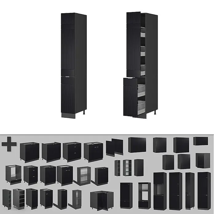 Vicco Apothekerschrank Fame-Line, Schwarz gestreift, 30 cm -  - Schwarzes modulares Küchenschranksystem mit verschiedenen Hoch- und Unterschränken, Schubladen und Regalen.