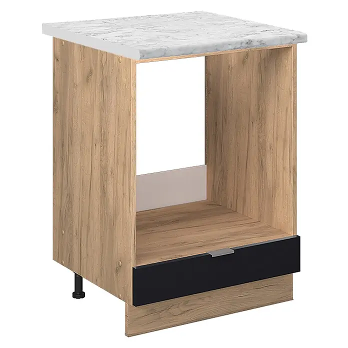 Vicco Schrankküche Fame-Line Schwarz gestreift, AP Marmor - Schwarz gestreift, Herdumbauschrank 60 cm, AP Marmor - Unterschrank für Geräte mit weißer Marmorplatte, heller Holzoptik und schwarzer Schublade.