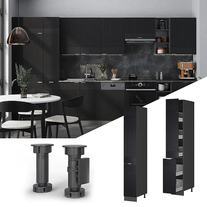 Vicco Apothekerschrank Fame-Line, Schwarz gestreift, 30 cm -  - Moderne Küche mit schwarzen geriffelten Schränken, verstellbaren Füßen und einem hohen Auszugsschrank.