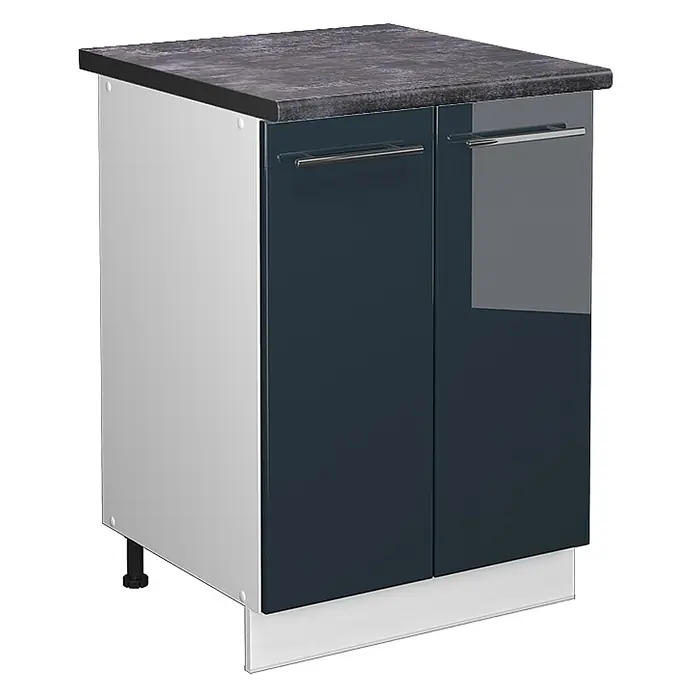 Vicco Schrankküche Fame-Line Dunkelblau Hochglanz, AP Anthrazit - Dunkelblau Hochglanz, Unterschrank 60 cm, AP Anthrazit - Dunkelblauer Küchenunterschrank mit grauer Arbeitsplatte, zwei glänzenden Türen mit silbernen Griffen und weißen Seitenwänden und Sockelleiste.