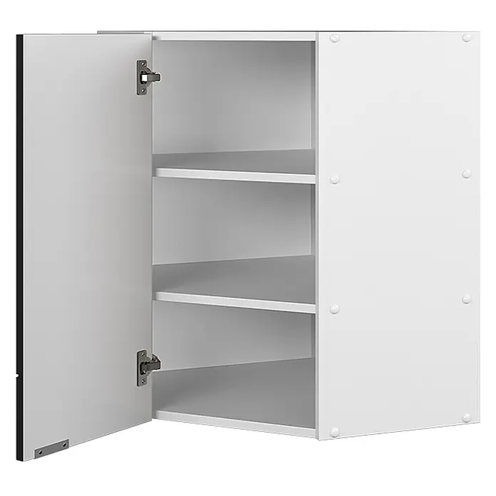 Vicco Schrankküche Fame-Line Schwarz gestreift - Schwarz gestreift, Eckhängeschrank 57 cm - Weißer Wandschrank mit offener Tür, der Innenablagen und Scharniere zeigt.