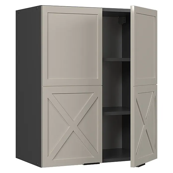 Vicco Schrankküche Fame-Line GrauBeige - GrauBeige, Hängeschrank 60 cm - Heller beiger viertüriger Schrank mit dunkelgrauem Korpus, X-Verstrebungen an den unteren Türen und offenen Regalen.