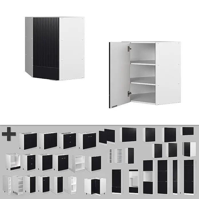 Vicco Schrankküche Fame-Line Schwarz gestreift - Schwarz gestreift, Eckhängeschrank 57 cm - Weiße und schwarze modulare Küchenschränke, Boden-, Wand- und Eckschränke mit Türen und Regalen.