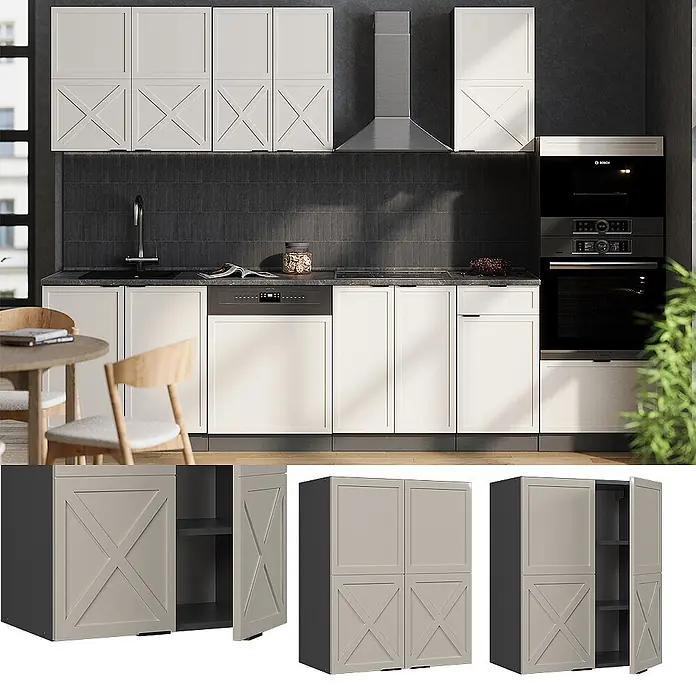 Vicco Schrankküche Fame-Line GrauBeige - GrauBeige, Hängeschrank 60 cm - Hellbeige Küchenschränke mit dekorativen Kreuzpaneel-Türen, Ober- und Unterschränke, bieten Küchenstauraum.