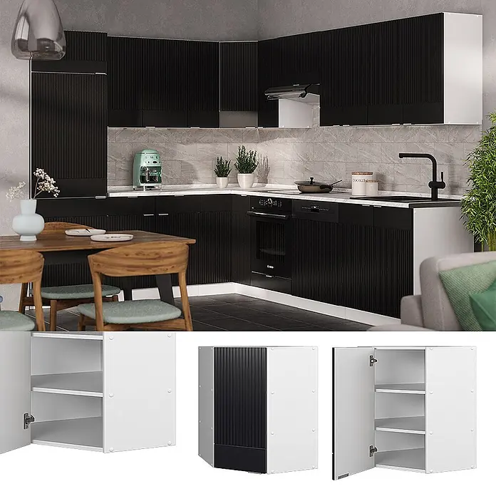 Vicco Schrankküche Fame-Line Schwarz gestreift - Schwarz gestreift, Eckhängeschrank 57 cm - Moderne schwarze Küchenschränke mit vertikal strukturierter Oberfläche, L-förmig mit integrierten Geräten.