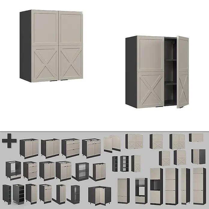 Vicco Schrankküche Fame-Line GrauBeige - GrauBeige, Hängeschrank 60 cm - Modulare Küchenschränke mit hellbeigen Türen, teilweise mit X-Muster, und dunkelgrauen Korpus. Zeigt verschiedene Unter-, Ober- und Hochschränke.