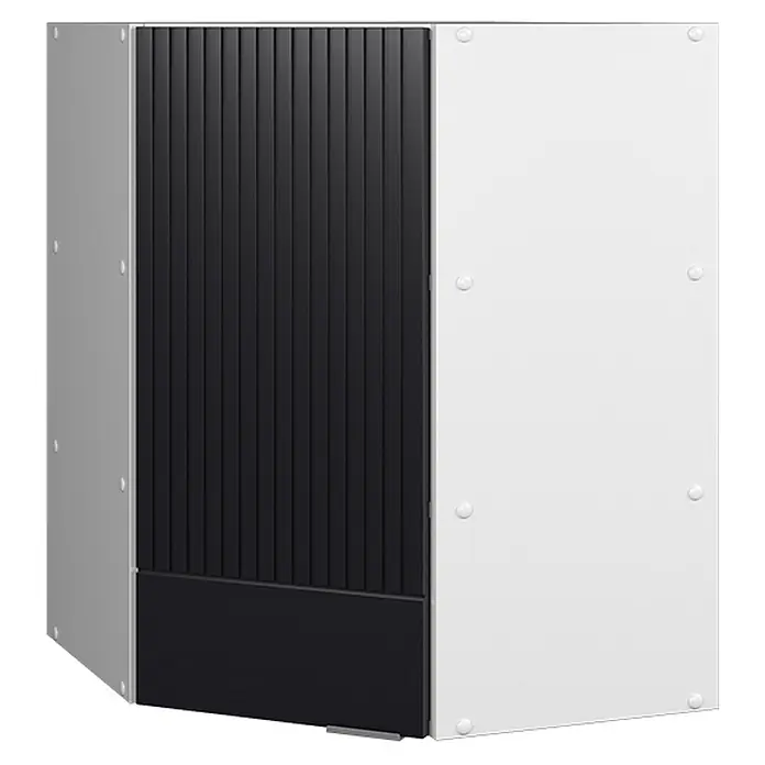 Vicco Schrankküche Fame-Line Schwarz gestreift - Schwarz gestreift, Eckhängeschrank 57 cm - Schwarz-weißes Industriegehäuse mit gerippter schwarzer Frontplatte und glatten weißen und grauen Seitenwänden.