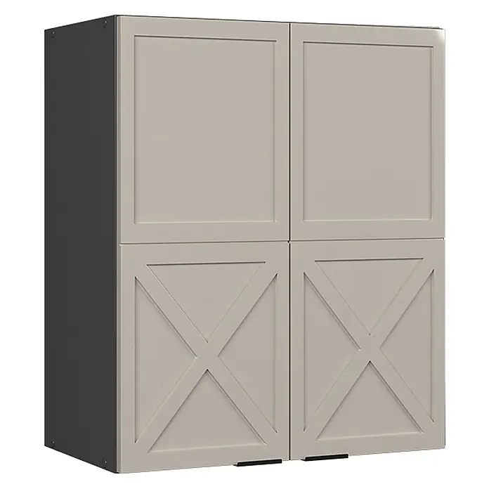 Vicco Schrankküche Fame-Line GrauBeige - GrauBeige, Hängeschrank 60 cm - Hellgrauer modularer Wandschrank mit zwei glatten und zwei X-förmigen Türen, dunkelgraue Seitenwand.