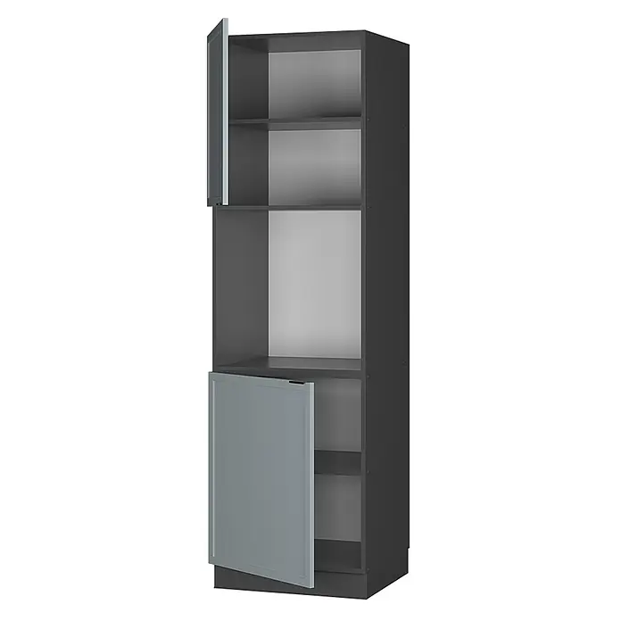 Vicco Schrankküche Fame-Line Hellblau-grau offen - Hellblau-grau, Herdumbauschrank hoch 60 cm offen - Hoher dunkelgrauer Schrank mit hellgrauen Rückwänden und zwei hellgrauen Türen, eine oben, eine unten.