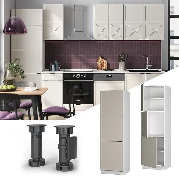 Vicco Schrankküche Fame-Line GrauBeige - GrauBeige, Vorratsschrank 60 cm - Modulare Küchenschränke in Creme, mit integrierten Geräten, verstellbaren dunkelgrauen Beinen und einem hohen hellgrauen Vorratsschrank.