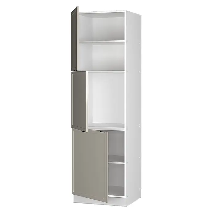Vicco Schrankküche Fame-Line GrauBeige - GrauBeige, Vorratsschrank 60 cm - Hoher weißer Aufbewahrungsschrank mit mehreren offenen Regalböden und drei teils geöffneten taubengrauen Türen.