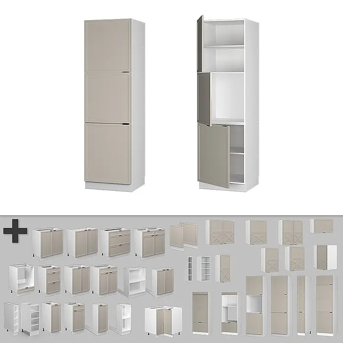 Vicco Schrankküche Fame-Line GrauBeige - GrauBeige, Vorratsschrank 60 cm - Modulares Küchenschranksystem mit hellbeigen/taupe Türen und weißen Rahmen, verschiedene Unter-, Wand- und Hochschrankkonfigurationen.