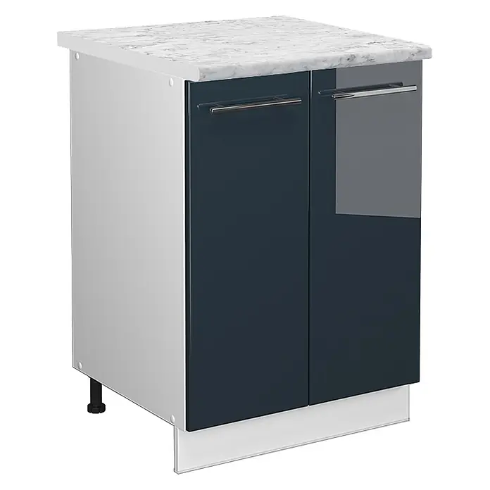 Küchenunterschrank Fame-Line 60 cm Dunkelblau Hochglanz Art.-Nr. 49574 -  - Küchenunterschrank: weiße Marmoroptik-Arbeitsplatte, dunkelblaue Hochglanztüren, silberne Griffe, hellgraue Seiten.
