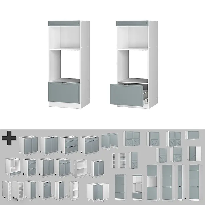 Vicco Schrankküche Fame-Line Hellblau-grau offen - Hellblau-grau, Mikrowellenumbauschrank 60 cm - Modulares Küchenschranksystem mit weißen Korpi und grauen Fronten, darunter hohe Backofenschränke und verschiedene Unter-/Oberschränke.
