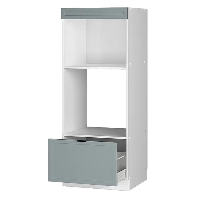 Vicco Schrankküche Fame-Line Hellblau-grau offen - Hellblau-grau, Mikrowellenumbauschrank 60 cm - Weißer hoher Küchenschrank mit grauer Oberblende und teilweise geöffneter grauer Schublade, mit zwei offenen Fächern.