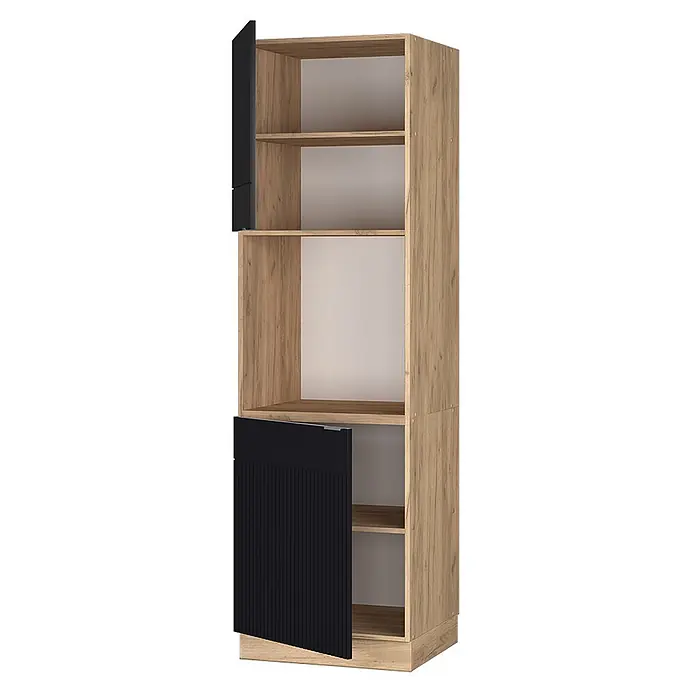 Vicco Schrankküche Fame-Line Schwarz gestreift offen - Schwarz gestreift, Herdumbauschrank 60 cm - Hoher Holzschrank in Eichenoptik mit offenen Regalböden und zwei schwarzen Türen; die untere gerillt, die obere glatt.