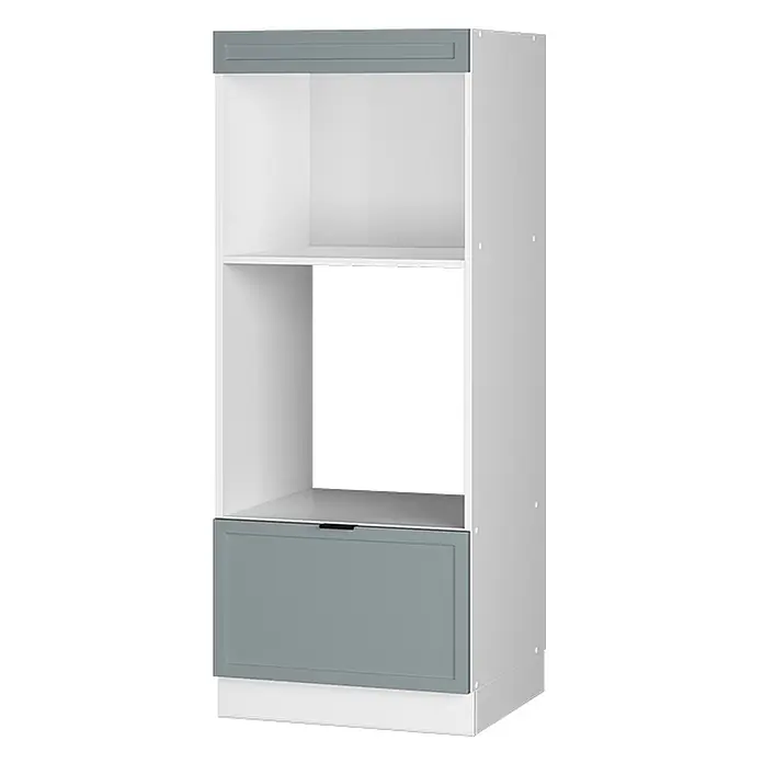 Vicco Schrankküche Fame-Line Hellblau-grau offen - Hellblau-grau, Mikrowellenumbauschrank 60 cm - Weißer Hochschrank mit grauer Schubladenfront und oberem Paneel, zwei offene Fächer und eine untere Schublade.