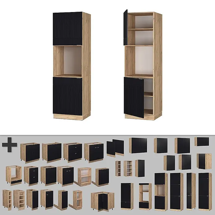 Vicco Schrankküche Fame-Line Schwarz gestreift offen - Schwarz gestreift, Herdumbauschrank 60 cm - Modulare Küchenschränke mit schwarzen Riffel-Fronten und hellem Holzdekor, inklusive hohem Geräteschrank.